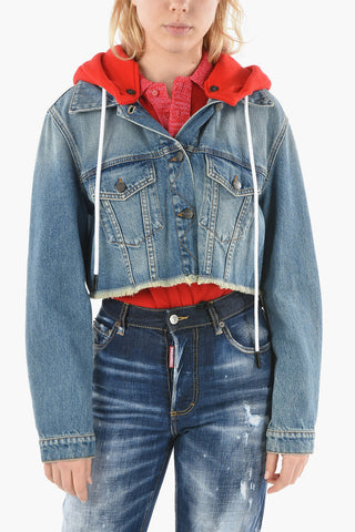 Denim Cropped Jacket with Contrasting Fleeced Hoodie