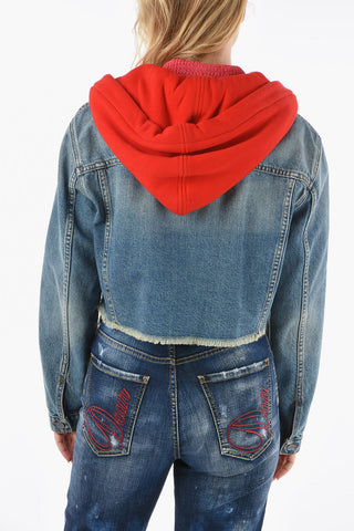 Denim Cropped Jacket with Contrasting Fleeced Hoodie
