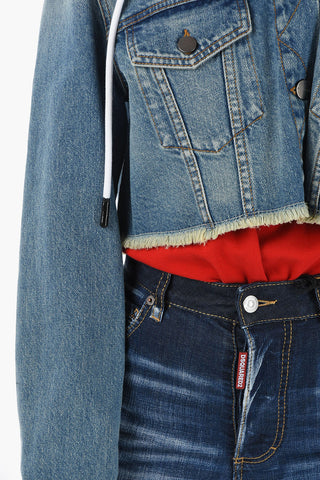 Denim Cropped Jacket with Contrasting Fleeced Hoodie