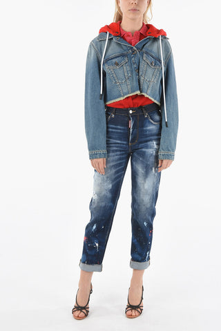 Denim Cropped Jacket with Contrasting Fleeced Hoodie