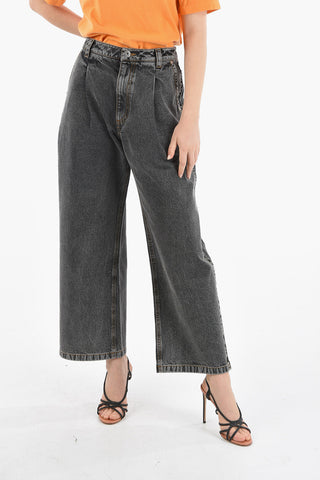Cropped Boyfriend-fit Denims with High-waist and Bleached Effect 27cm