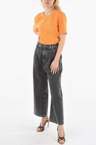 Cropped Boyfriend-fit Denims with High-waist and Bleached Effect 27cm
