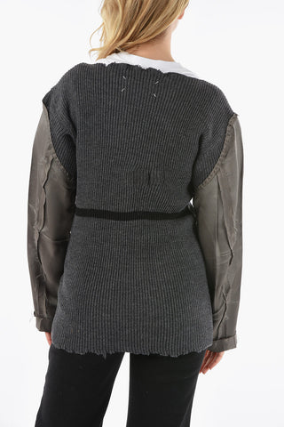 ARTISANAL Ribbed Wool Pullover with Crew-neck and Contrasting Sleeves