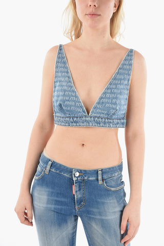 All Over Logo Denim Crop Top