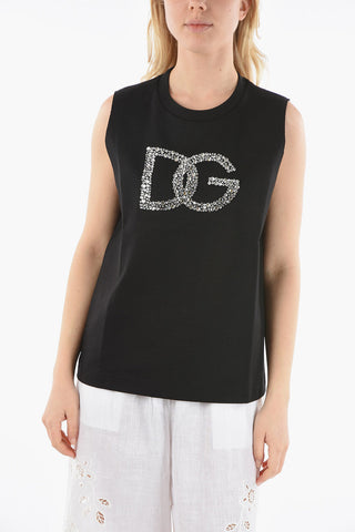 Sleeveless Crew-neck T-shirt with Crystals Maxi Logo