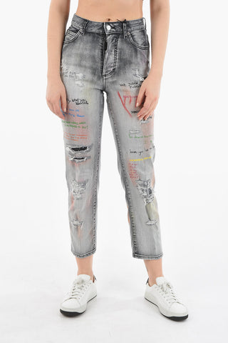 Cropped BOSTON Denims with High Waist and Graffiti Pattern 18cm