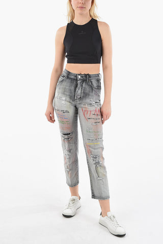 Cropped BOSTON Denims with High Waist and Graffiti Pattern 18cm