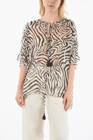 Animal Patterned Silk SOL Blouse with Ruffles