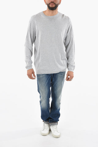 Lightweight Cotton Crew-Neck Sweater with Ribbed Cuff Sleeve