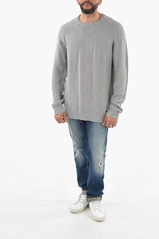 Solid Color Crew-neck Sweater with Breast Pocket