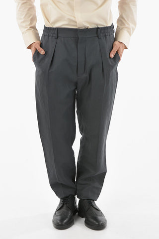 Pleated Linen Blend Pants With Elastic Waist