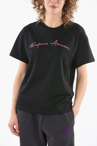 EMPORIO T-shirt Girocollo con Lettering Brillantinato a Contrasto