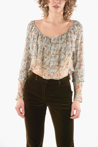 Silk Chiffon Cropped Shirt with Floral Motif