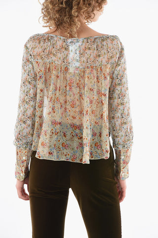 Silk Chiffon Cropped Shirt with Floral Motif