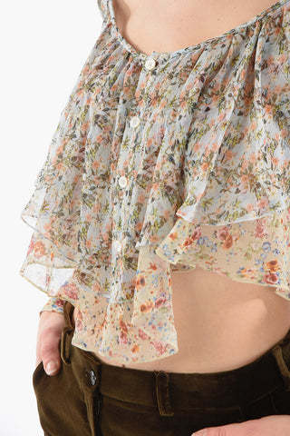 Silk Chiffon Cropped Shirt with Floral Motif