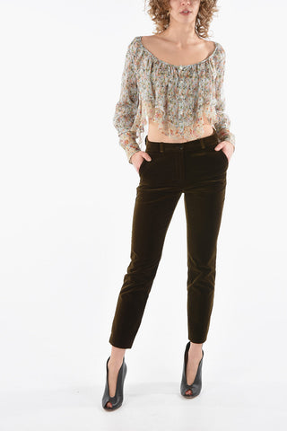 Silk Chiffon Cropped Shirt with Floral Motif