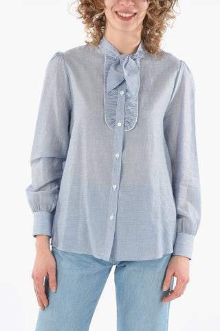 Camicia Gessata in Misto Cotone con Manica a Sbuffo e Dettaglio Volant
