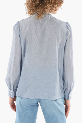Camicia Gessata in Misto Cotone con Manica a Sbuffo e Dettaglio Volant