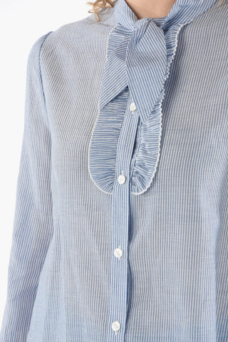 Camicia Gessata in Misto Cotone con Manica a Sbuffo e Dettaglio Volant