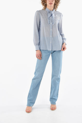 Camicia Gessata in Misto Cotone con Manica a Sbuffo e Dettaglio Volant