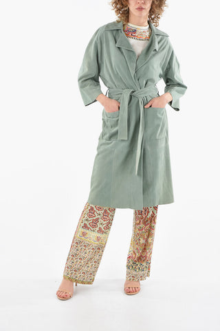3/4-Sleeved Suede Overcoat with Belt