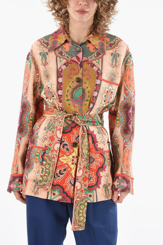 Textured-linen-blend Over Shirt in Iconic Paisley Motif with Belt