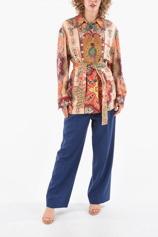 Textured-linen-blend Over Shirt in Iconic Paisley Motif with Belt