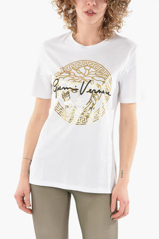 Crew-neck T-shirt with Golden Medusa Print and Contrasting Lettering