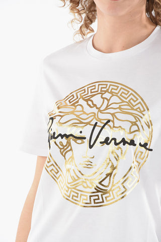 Crew-neck T-shirt with Golden Medusa Print and Contrasting Lettering