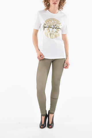 Crew-neck T-shirt with Golden Medusa Print and Contrasting Lettering