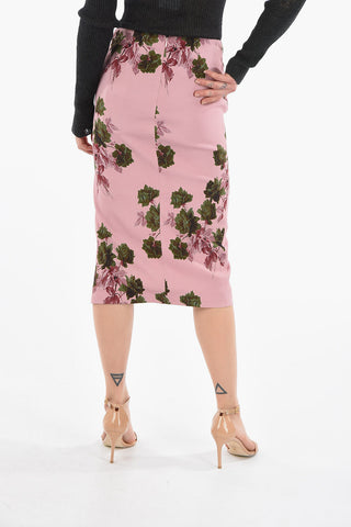 Rose-printed Midi Pencil Skirt with Side Slit