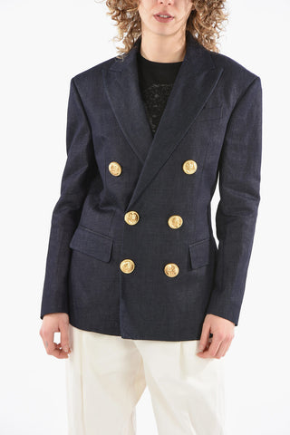 Half-lined Denim Double-breasted Blazer with Peak Lapel and Golden Buttons