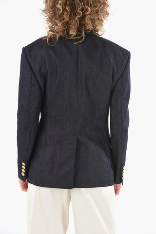 Half-lined Denim Double-breasted Blazer with Peak Lapel and Golden Buttons