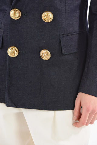 Half-lined Denim Double-breasted Blazer with Peak Lapel and Golden Buttons
