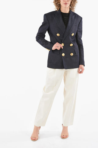 Half-lined Denim Double-breasted Blazer with Peak Lapel and Golden Buttons