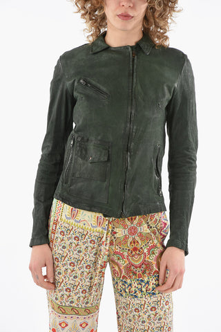 Giubbotto in Pelle Effetto Stropicciato con Zip