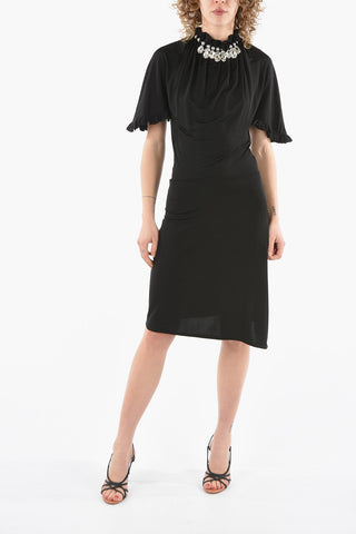 Viscose Midi Dress Detailed with Rouches and Crystal-necklace Collar