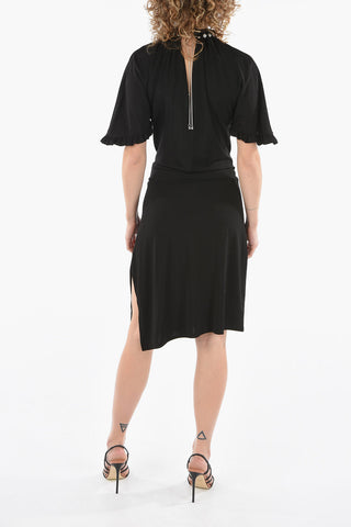 Viscose Midi Dress Detailed with Rouches and Crystal-necklace Collar