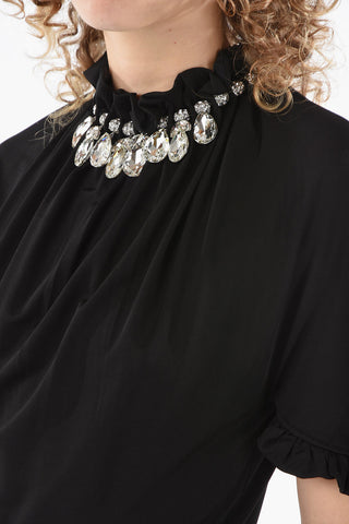 Viscose Midi Dress Detailed with Rouches and Crystal-necklace Collar