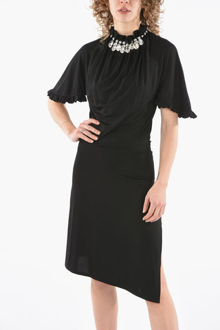 Viscose Midi Dress Detailed with Rouches and Crystal-necklace Collar