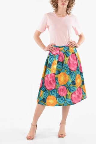 Gonna Midi in Satin con Motivo Floreale
