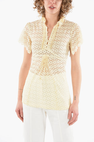 Top See-through in Broderie Anglais Floreale con Dettagli Rouches