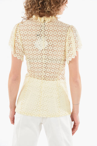 Top See-through in Broderie Anglais Floreale con Dettagli Rouches