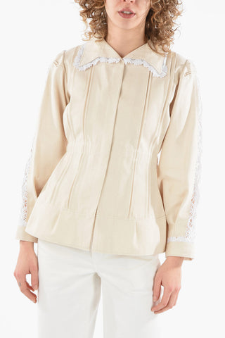 ARTISANAL Cotton Slim Fit Overshirt with Lace-trimmed Sleeve and Collar