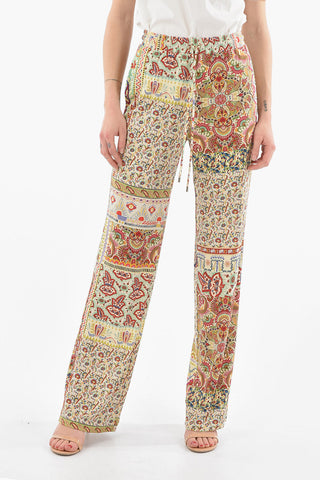 Viscose-satin Wide-leg Pants in Floral Motif