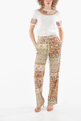 Viscose-satin Wide-leg Pants in Floral Motif