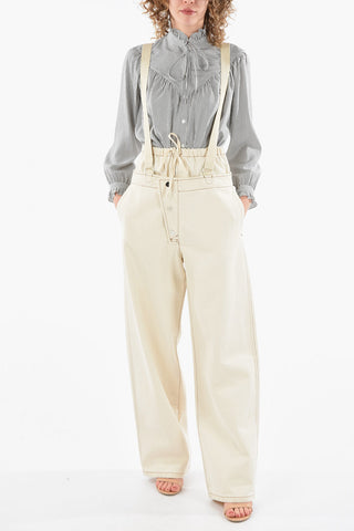 Pantaloni Wide-leg OGGERI in Bull di Cotone con Vita Doppia e Bretelle