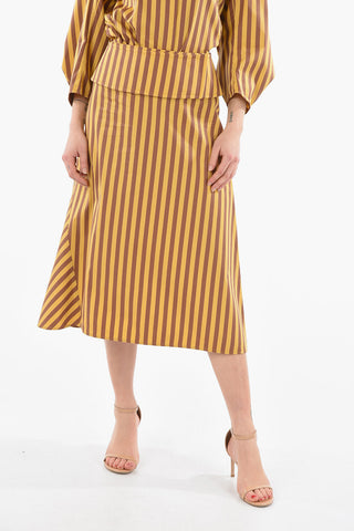 Flared Midi Skirt with Striped Pattern and Waistband Fastening