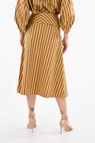 Flared Midi Skirt with Striped Pattern and Waistband Fastening
