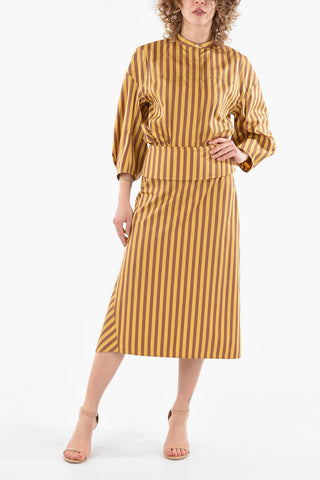 Flared Midi Skirt with Striped Pattern and Waistband Fastening